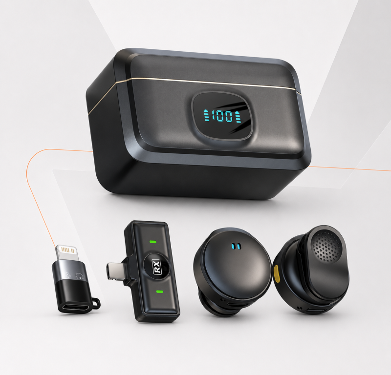 Microfone Lapela Sem Fio Magnético Android e IOS Duplo Ante Ruído